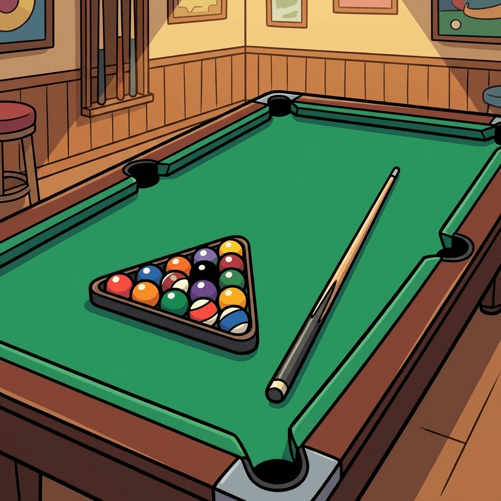 A pool table with a rack of balls on it.